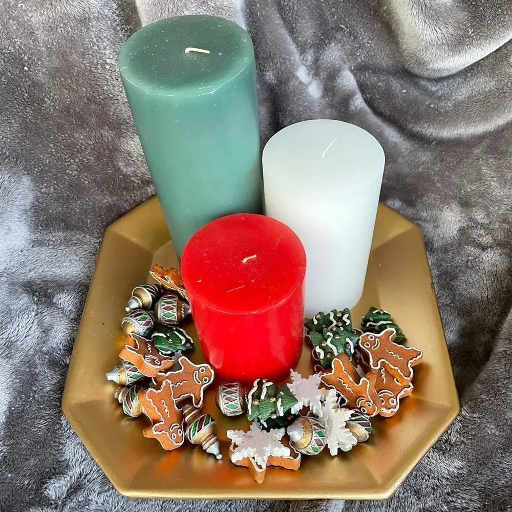 Christmas Candle Set & Decor Red Green White Candles Gold Tone Holder & Box Vtg